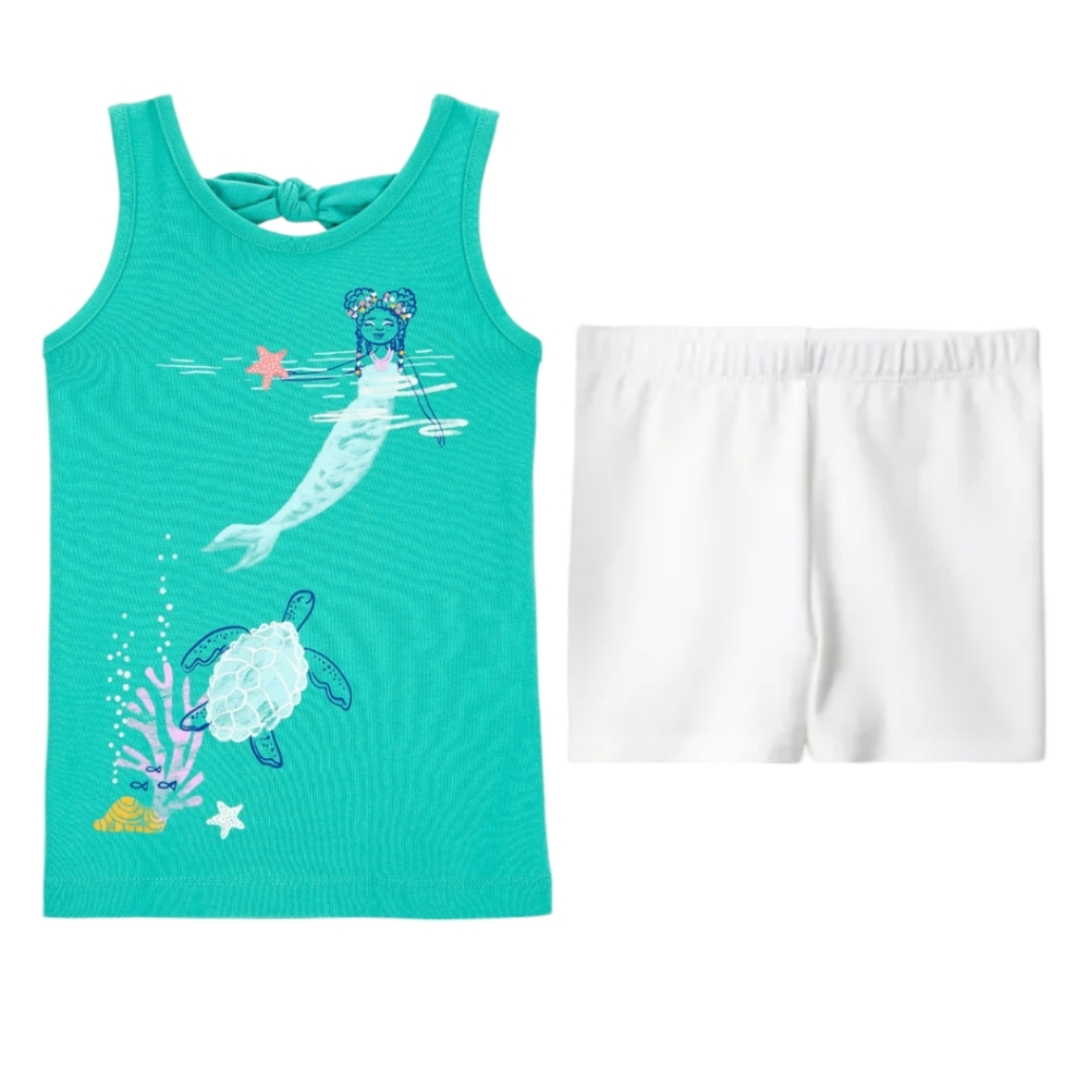 Girls' Teal Mermaid Tank & White Shorts Matching Set